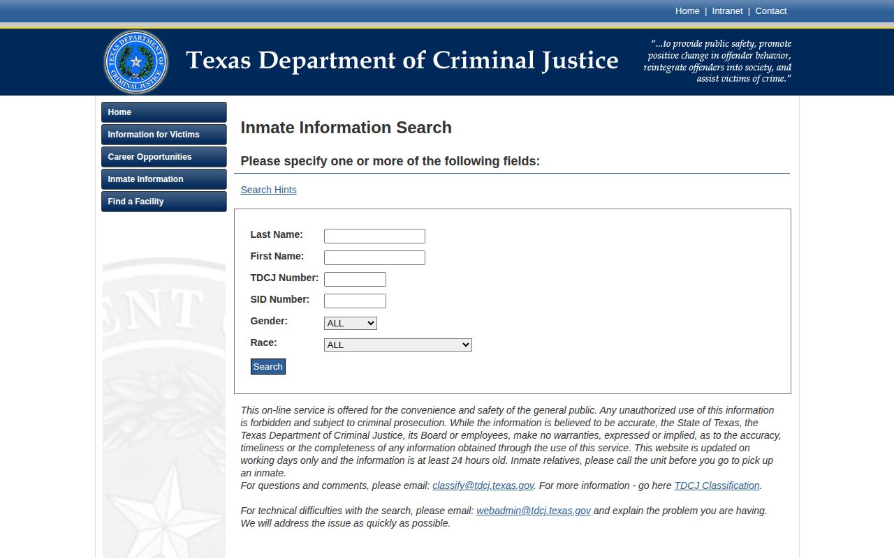 TDCJ inmate detail labels for projected release, maximum sentence, and parole eligibility dates