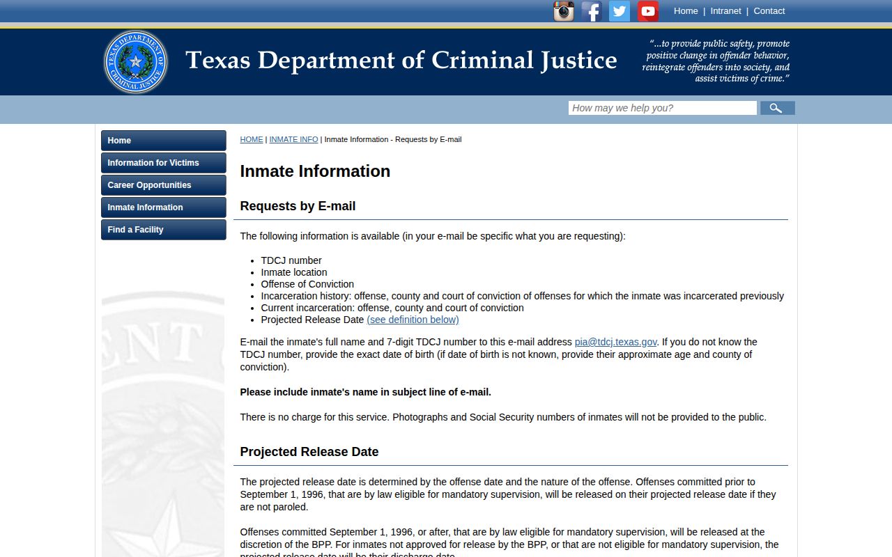 TDCJ email inmate information request fields and projected release definition