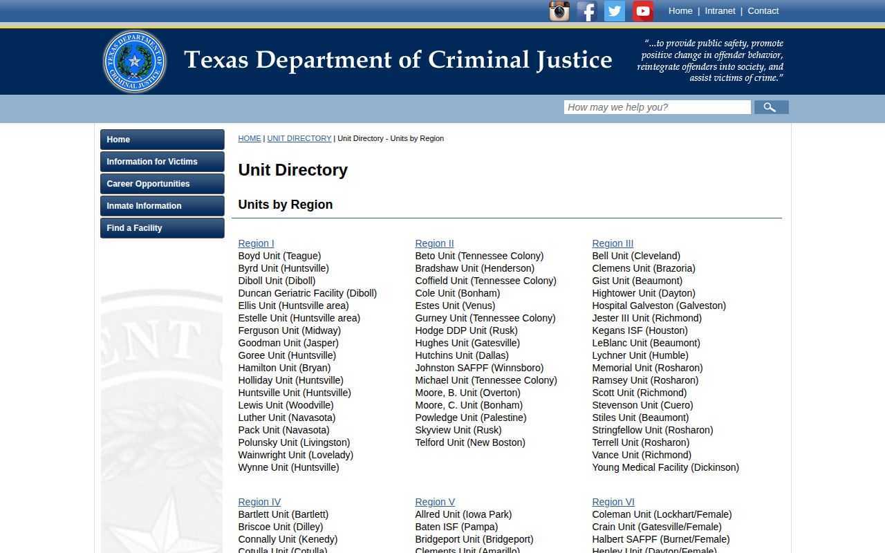TDCJ unit map identifying Hodge and Skyview units in Rusk